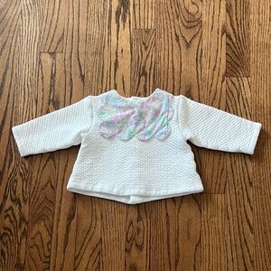 Jacadi White Quilted sweater with Liberty Pastel scallop Bib